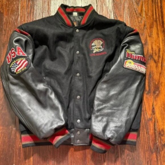 VTG North American Hunting Club Jacket Mens L Black Leather Wool Life Members - Picture 2 of 16